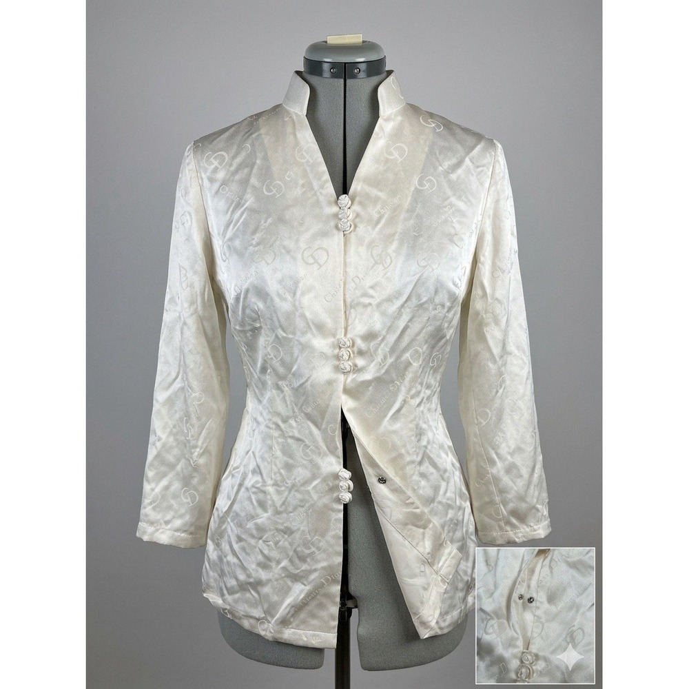 Vintage Bespoke Dior Monogram Silk Blouse Mandarin Collar Frog Closure Top XS